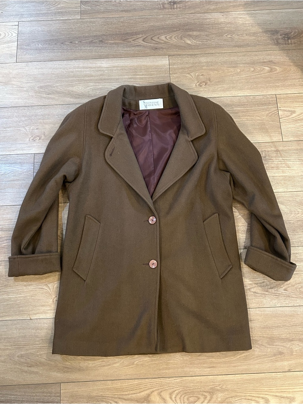 Vintage 90s Stephanie Mathews 100% Wool Brown Coat Notched Lapel